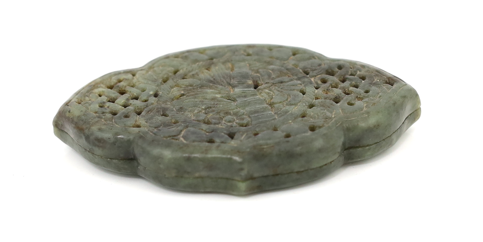A Chinese reticulated mottled green jade box and cover, Qing dynasty
